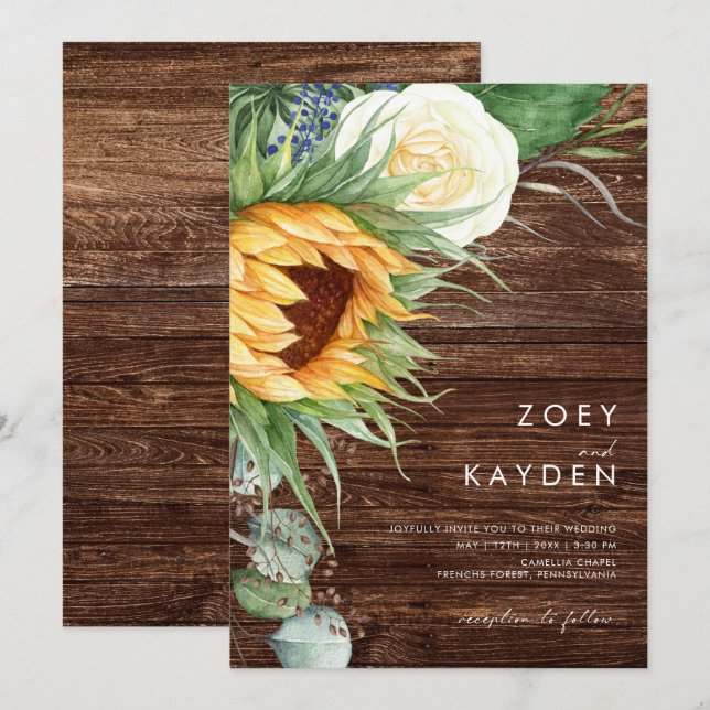Invitación Girasol de país en negrita | Boda Casual Wood (Anverso / Reverso)