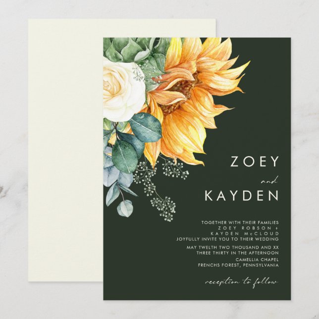 Invitación Girasol de país en negrita | Boda verde oscuro (Anverso / Reverso)
