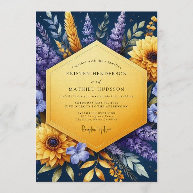 Invitación Girasol Dorado Índigo Boda (Anverso)