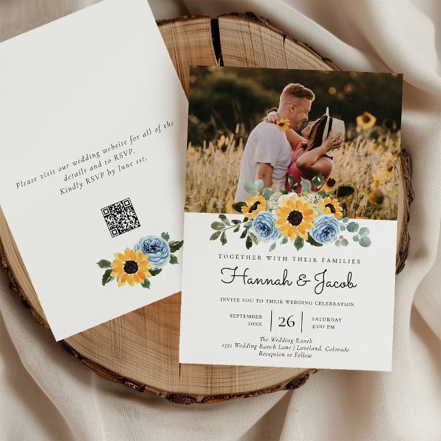 Invitación Girasol Dusty Azul Rústico Foto Boda de código QR (Subido por el creador)