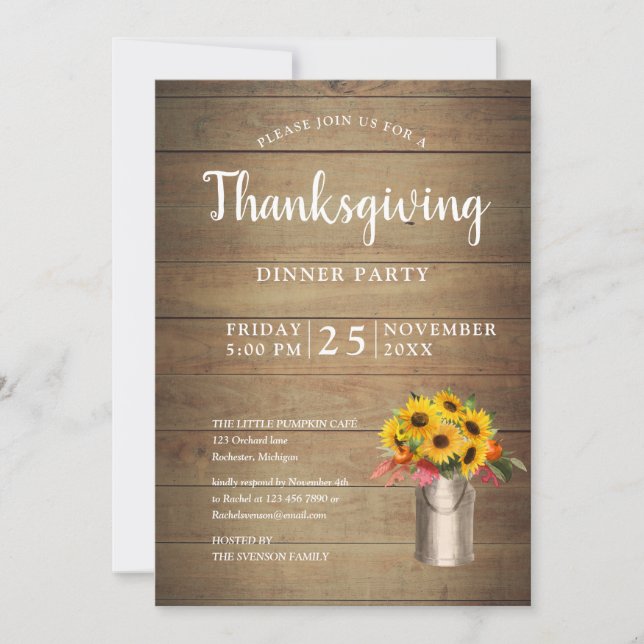 Invitación girasol en la cena de acción de gracias de mimbre (Anverso)