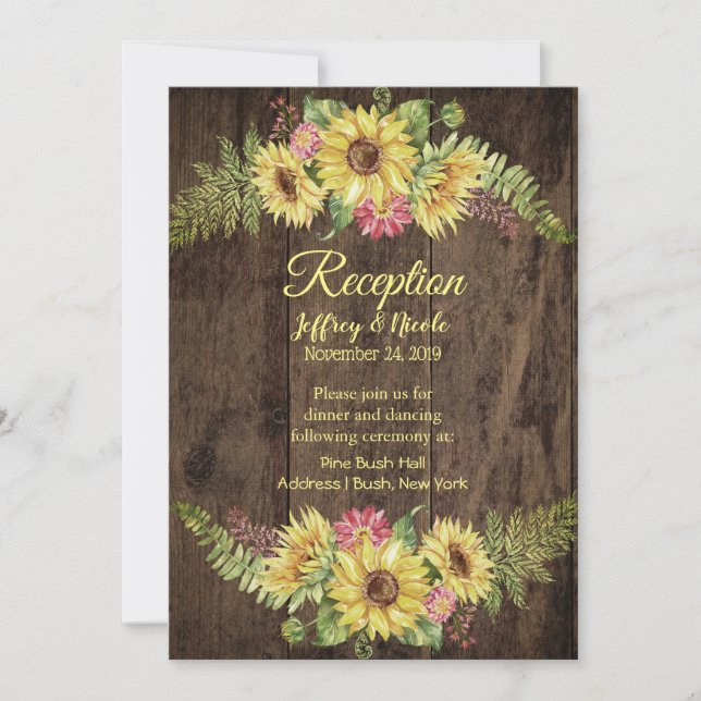 Invitación Girasol en la recepción rústica de boda rural de m (Anverso)