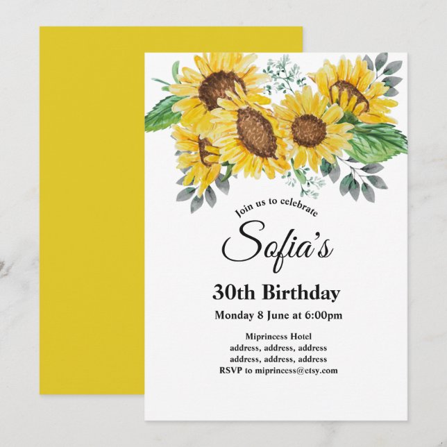 Invitación girasol, fiesta de cumpleaños floral (Anverso / Reverso)