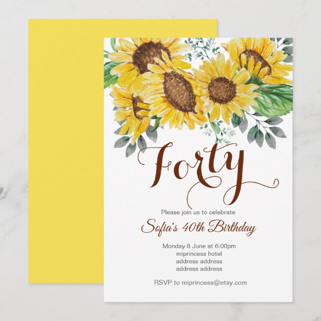 Invitación girasol, fiesta de cumpleaños floral (Anverso / Reverso)