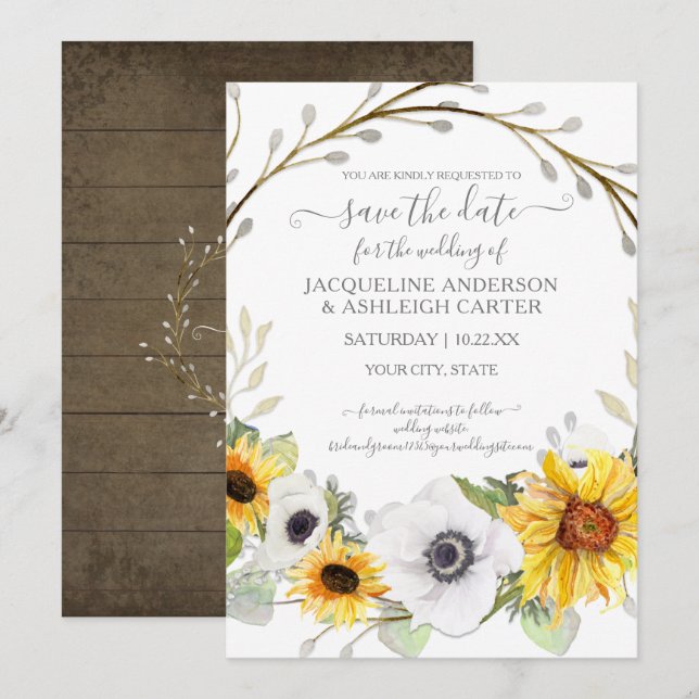 Invitación Girasol Floral Rústico Aquarela Save the Date (Anverso / Reverso)