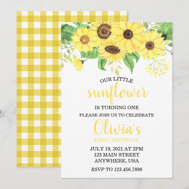 Invitación Girasol Floral Verano Primer Cumpleaños  (Anverso / Reverso)