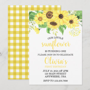 Invitación Girasol Floral Verano Primer Cumpleaños 
