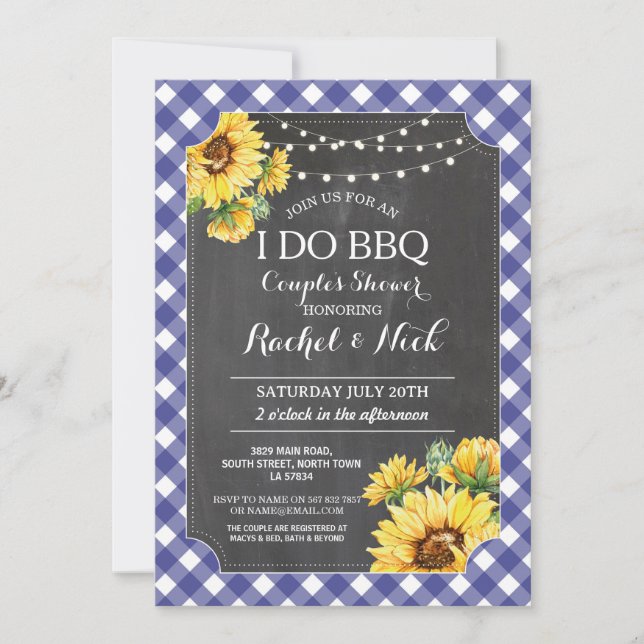 Invitación Girasol I DO BBQ Ducha de Parejas Gingham (Anverso)
