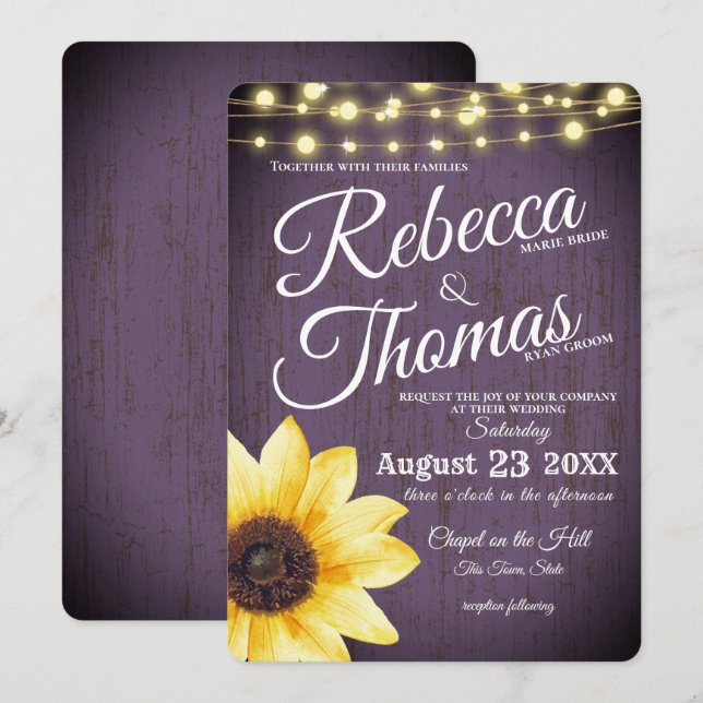 Invitación Girasol púrpura y Boda ruso de luz (Anverso / Reverso)