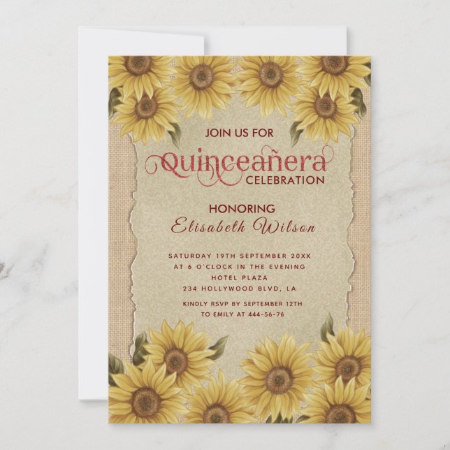 Invitación Girasol romántico Linen Quinceañera (Anverso)