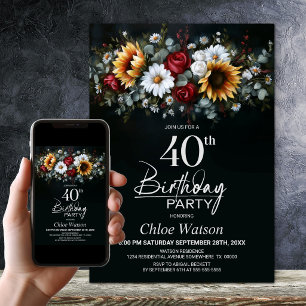 Invitación Girasol Rosa Floral Negro Cumpleaños 40 Party
