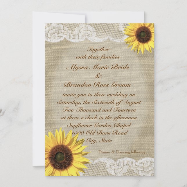 Invitación Girasol rural y encaje (Anverso)