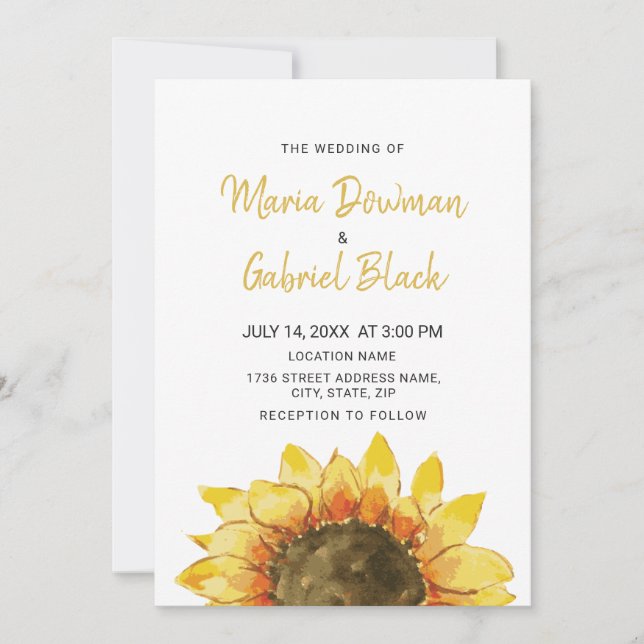 Invitación Girasol ruso amarillo. Boda de moda simple (Anverso)