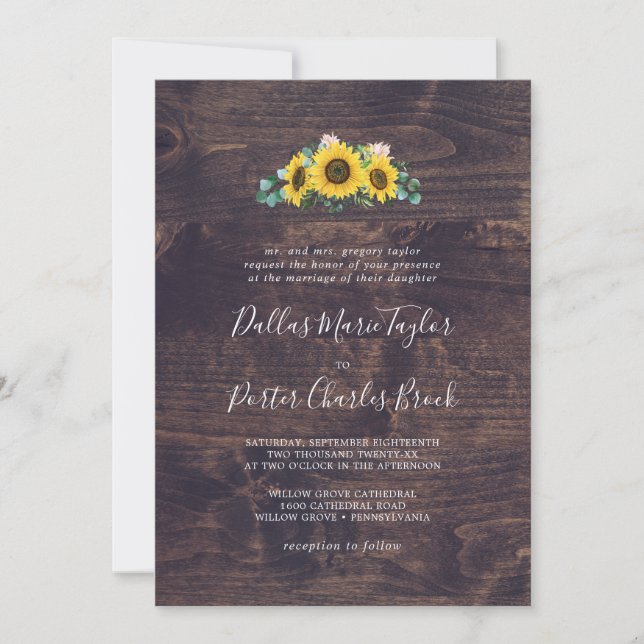 Invitación Girasol ruso | Boda tradicional maderero (Anverso)