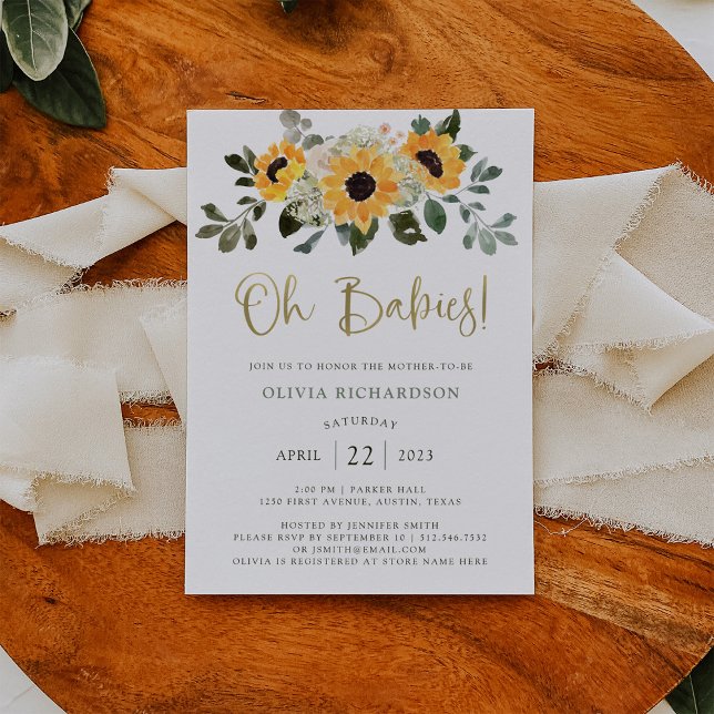 Invitación Girasol ruso | Gemelos Baby Shower Gold Script (Subido por el creador)