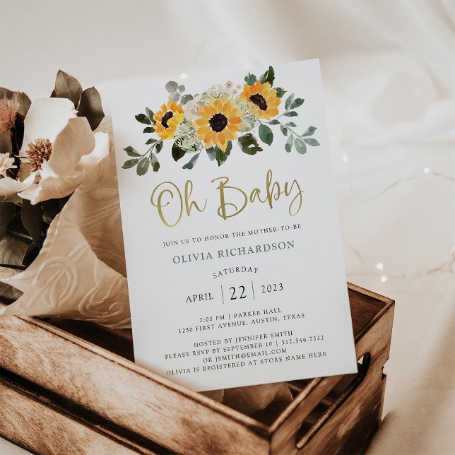 Invitación Girasol ruso | Oh Baby Shower Gold Script (Subido por el creador)