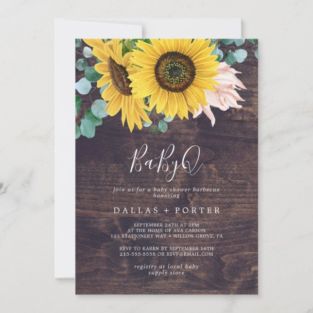 Invitación Girasol ruso | Wood BabyQ Baby Shower Barbecue (Anverso)