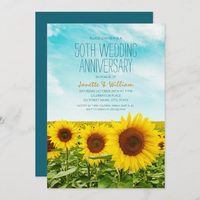 Invitación Girasol Rústico 50 Aniversario de Boda Floral (Anverso / Reverso)