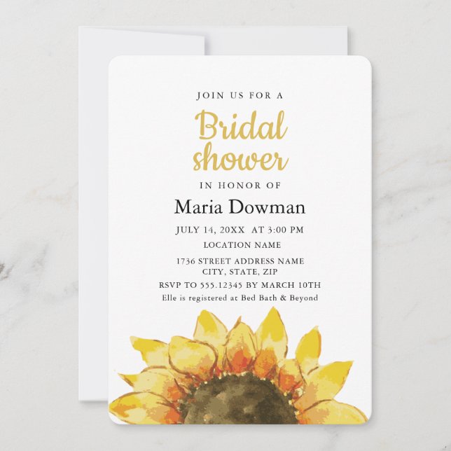 Invitación Girasol rústico amarillo. Ducha de novias en el ca (Anverso)