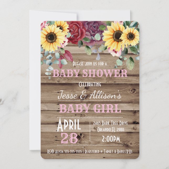 Invitación Girasol Rústico/ Baby Shower floral Rosa (Anverso)