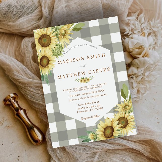 Invitación Girasol Rústico Cuadros de Búfalo de Cuadros de Vi (Rustic Sunflower Gingham Buffalo Plaid Wedding Invitation)