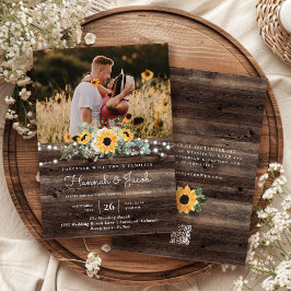 Invitación Girasol Rústico de Madera Código QR RSVP Boda