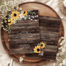 Invitación Girasol Rústico de Madera Código QR RSVP Boda