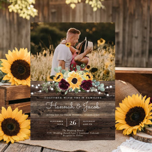 Invitación Girasol Rústico Foto Madera de Granero Boda