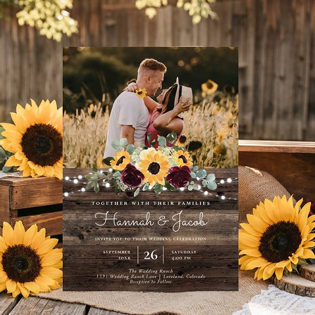 Invitación Girasol Rústico Foto Madera de Granero Boda (Subido por el creador)