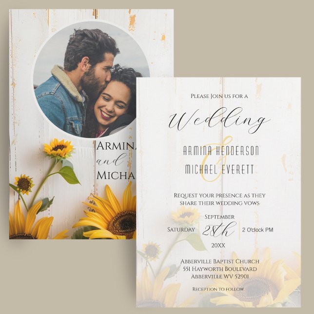 Invitación Girasol Rústico Sol Blanco Madera Foto Boda (A rustic white barn wood wedding invitation with sunflowers, elegant script fonts, and a photo.)