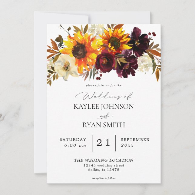 Invitación Girasol rústico y borgoña, Boda morado floral (Anverso)