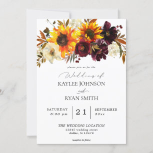 Invitación Girasol rústico y borgoña, Boda morado floral