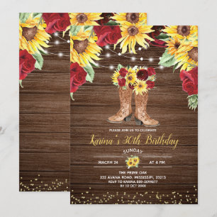 Invitación Girasol rústico y botas de Rosas Cumpleaños