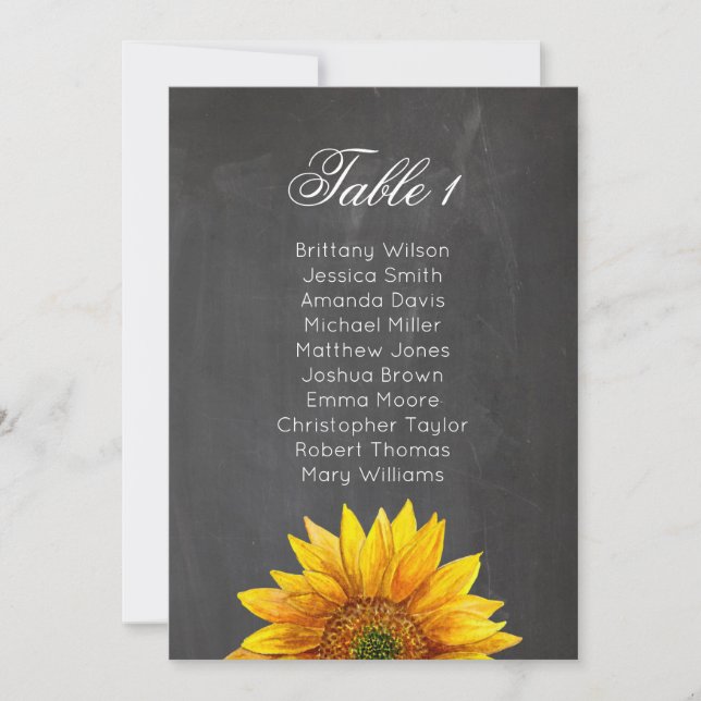 Invitación Girasol. Tabla de asientos de boda floral de pizar (Anverso)