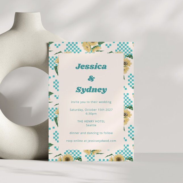 Invitación Girasol Turquesa Cuadros Bodas Retro (Subido por el creador)
