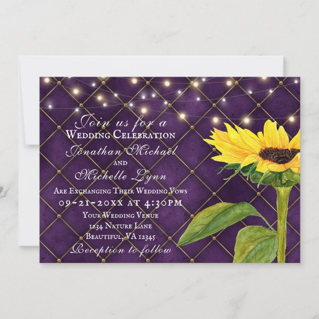 Invitación Girasol y luces sobre todo morado en un Boda (Anverso)