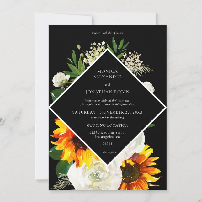 Invitación Girasol y Rosa Blanca Floral Artsy Boda - Negro (Anverso)