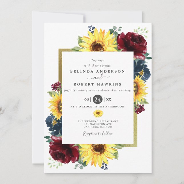Invitación Girasol y Rosas Boda Azul de la Marina de Borgoña (Anverso)