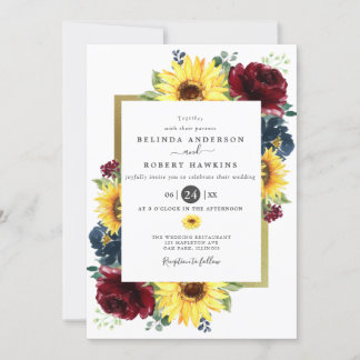 Invitación Girasol y Rosas Boda Azul de la Marina de Borgoña