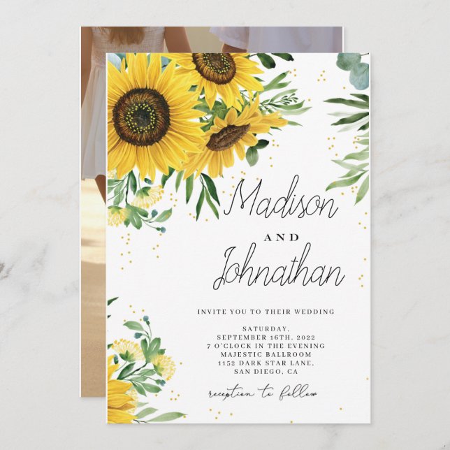 Invitación Girasol y Rosas Boda Azul de la Marina Roja Borgoñ (Anverso / Reverso)