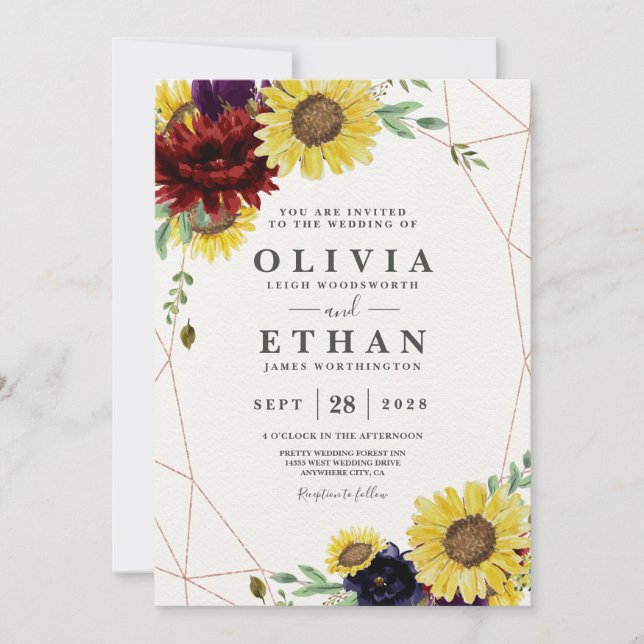 Invitación Girasol y Rosas Boda Azul de la Marina Roja Borgoñ (Anverso)