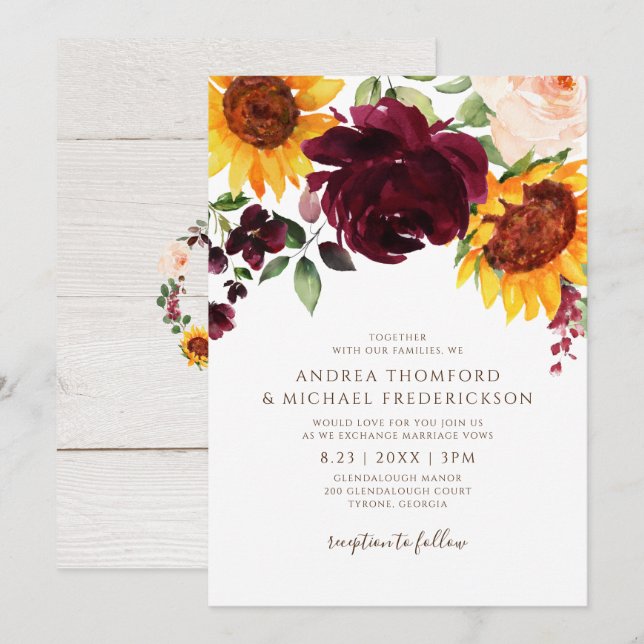 Invitación Girasol y Rosas Boda de Caída Roja Borgoña (Anverso / Reverso)