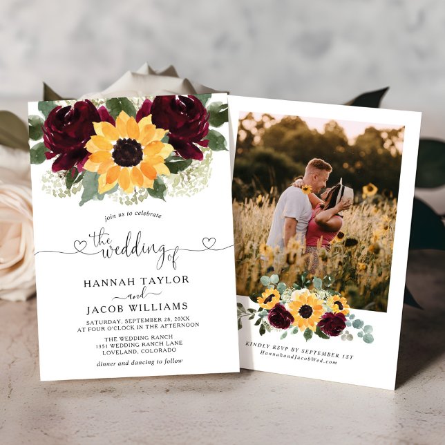 Invitación Girasol y Rosas Boda de fotos rojas de Borgoña (Subido por el creador)
