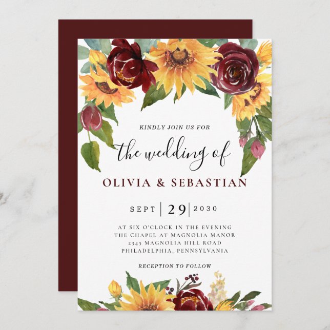 Invitación Girasol y Rosas Boda de la vegetación roja borgoño (Anverso / Reverso)