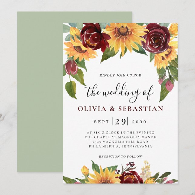 Invitación Girasol y Rosas Boda de la vegetación roja borgoño (Anverso / Reverso)
