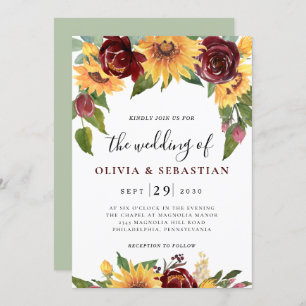 Invitación Girasol y Rosas Boda de la vegetación roja borgoño