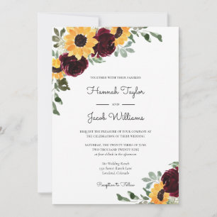 Invitación Girasol y Rosas Boda Rojo Borgoña