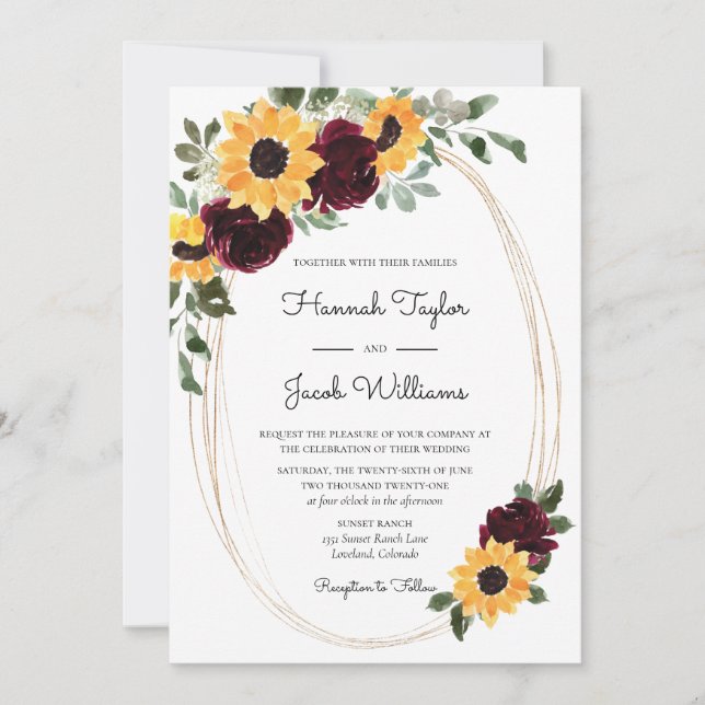 Invitación Girasol y Rosas Boda Rojo Borgoña (Anverso)