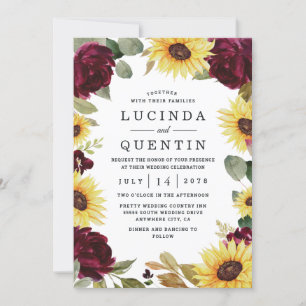 Invitación Girasol y Rosas Boda Rústico Rojo Borgoña