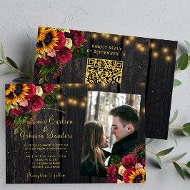 Invitación Girasol y rosas Código QR foto boda rústico
